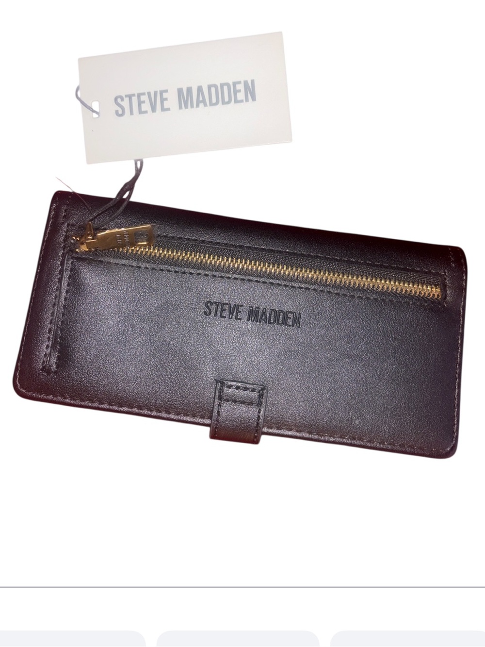 Steve Madden Black Leather Key & Card Holder with Gold Zip